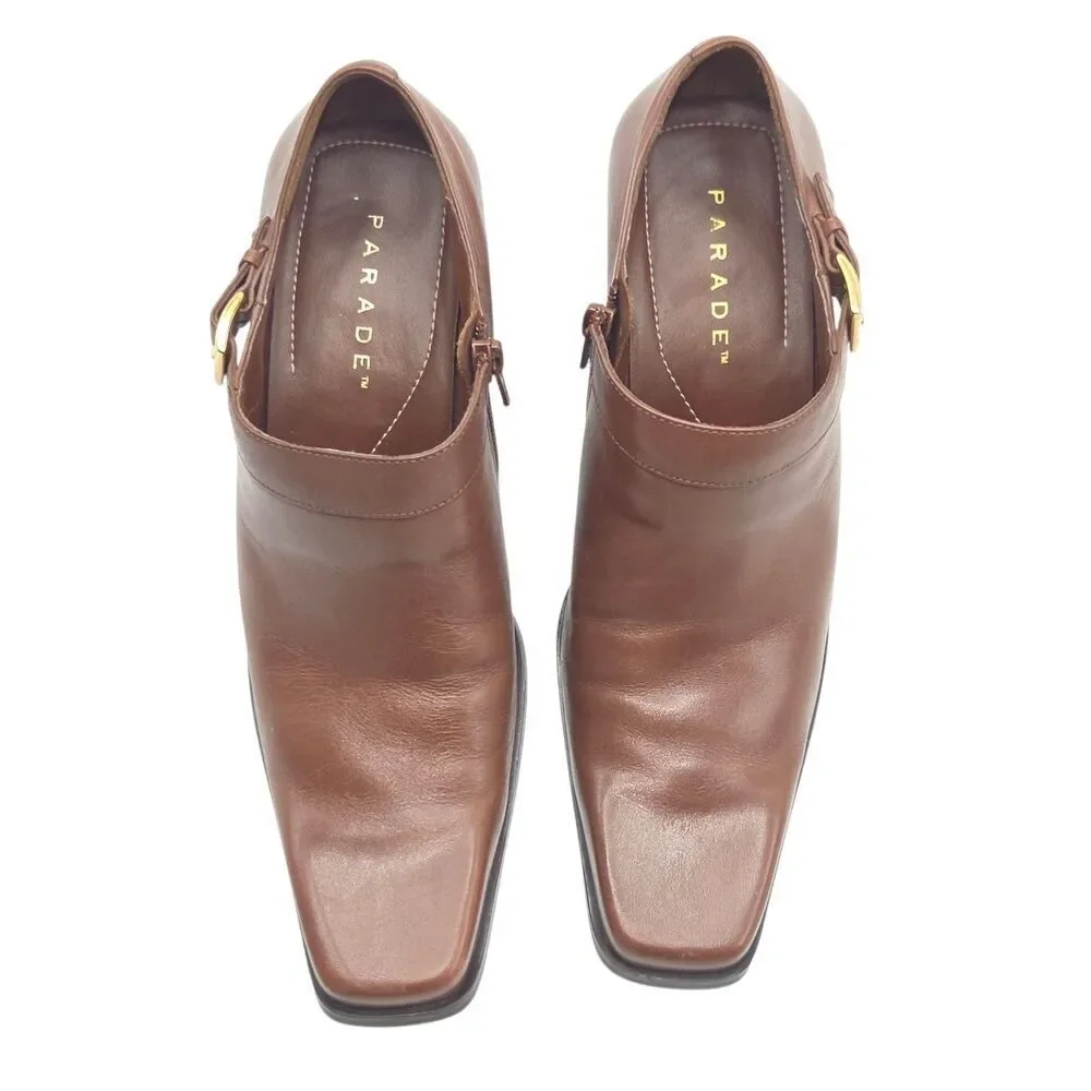Parade Camel Leather Block Heel Shoes 10 Square Toe Made In Brazil Need Heel Tip